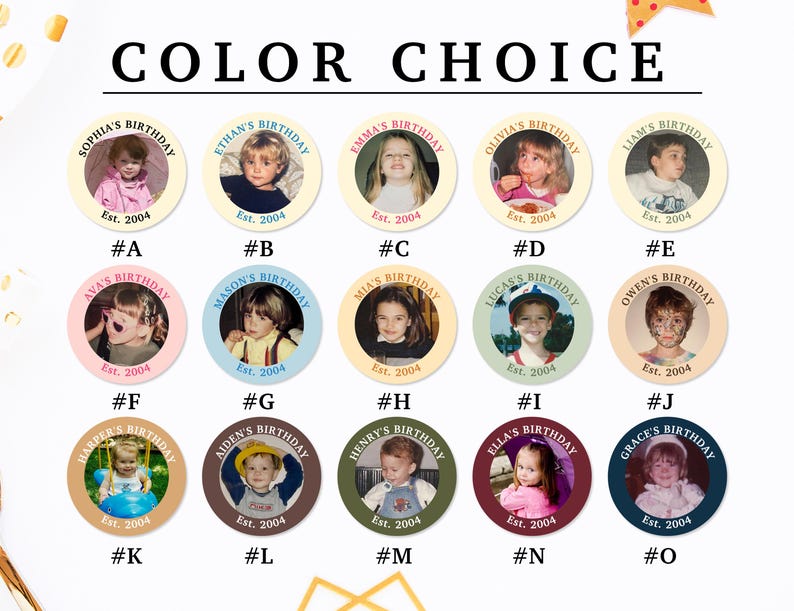 Puede incluir: Una selecci&oacute;n de pegatinas de cumplea&ntilde;os personalizadas con fotos de ni&ntilde;os. Cada pegatina presenta una foto del ni&ntilde;o, su nombre y el a&ntilde;o 2004. El texto "COLOR CHOICE" est&aacute; en la parte superior.