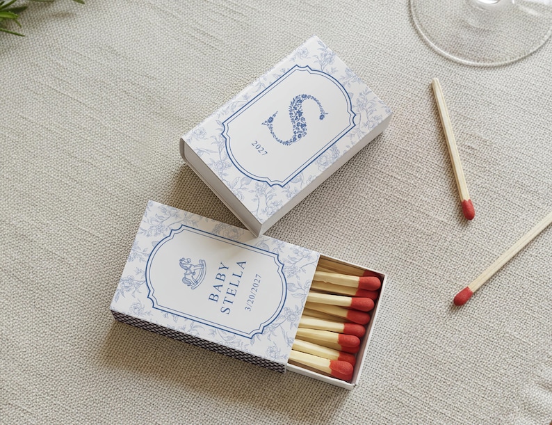 Personalized Baby Shower Matchbox Favors Custom Toile Floral Rocking Horse Event Decor Elegant New Baby Keepsake Gift bild 3