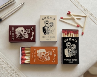 Cajas de cerillas personalizadas para bodas "Hasta la muerte", recuerdos góticos para invitados con pareja de esqueletos.