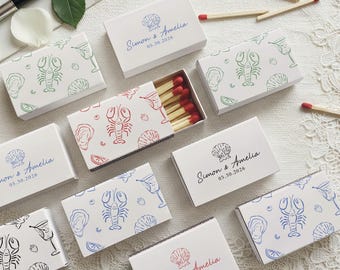 Custom Seafood Wedding Matchbox Favors Personalized Lobster Shell Illustration Beach Theme Unique Nautical Guest Gift Set of Matchboxes