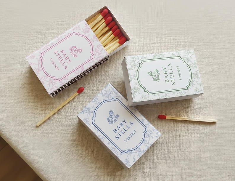 Personalized Baby Shower Matchbox Favors Custom Toile Floral Rocking Horse Event Decor Elegant New Baby Keepsake Gift bild 6