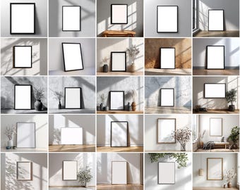 Könnte beinhalten: Eine Sammlung von gerahmten Kunst-Mockups in verschiedenen Umgebungen. Die Rahmen sind schwarz oder holzfarben, mit leeren weißen Leinwänden. Die Hintergründe umfassen neutral getönte Wände, Holzbänke und natürliches Licht.