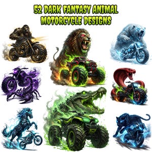 Op de afbeelding: Een digitale kunstprint met 52 dark fantasy dierlijke motorfietsontwerpen. De ontwerpen omvatten een gorilla op een motorfiets, een leeuw op een monstertruck, een beer op een motorfiets, een schorpioen op een motorfiets, een paard op een motorfiets, een krokodil op een monstertruck, een cobra op een motorfiets en een panter op een motorfiets.