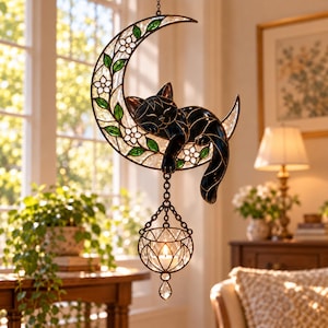 Puede incluir: Un atrapasoles de vidrieras que muestra un gato negro descansando sobre una luna creciente. La luna está decorada con flores blancas y hojas verdes. Una cadena de metal cuelga del gato, sosteniendo un pequeño portavelas con una vela encendida.