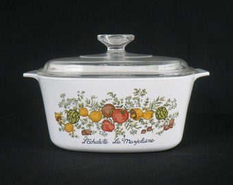 CorningWare Saucepan: "Spice of Life"–3-QT Ceramic Casserole–Clear Glass Lid–Vintage