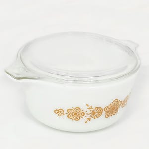 PYREX Casserole &quot;Butterfly Gold&quot; Casserole White Dish Clear Glass Lid Antique Pyrex Opal White Dish Yellow Gold Flowers Gold Butterflies