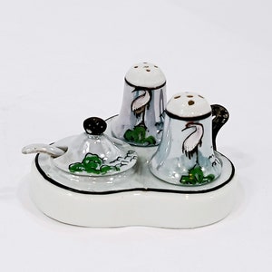 Condiment Set &quot;Lusterware&quot; Antique Salt Pepper Mustard Pot Spoon Tray Hand Painted Pearlescent Japanese Red-Crown Crane Hills Trees 5 Pc Set