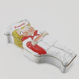 Tin Campbell's® Soup ©1998 Vintage Campbell's Kids™ Boy Chef Shape Tin Tomato Soup Bowl Red White Canister Lid Campbell's Kids Memorabilia