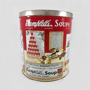 Tin Campbell's Soups™ Tin 1990s Campbell's Soup™ Vintage Ad Images Soup Cans Campbell's Kids™ Large Red White Collectible Canister Gold Lid
