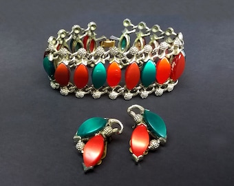 Bracelet Earring Set: Link Bracelet–Clip Earrings–Red Green Amber–Goldtone Costume Jewelry