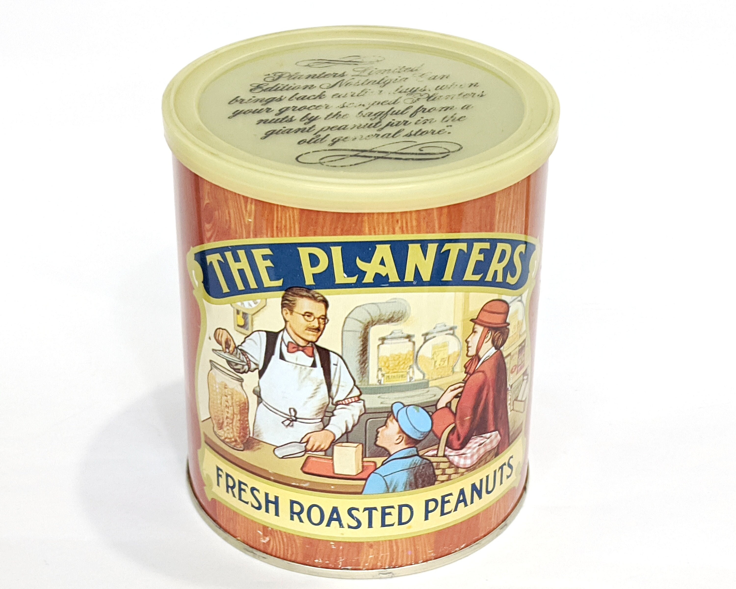 Tin: PLANTERS® Roasted Peanuts–round Yellow–vintage 1982 Limited