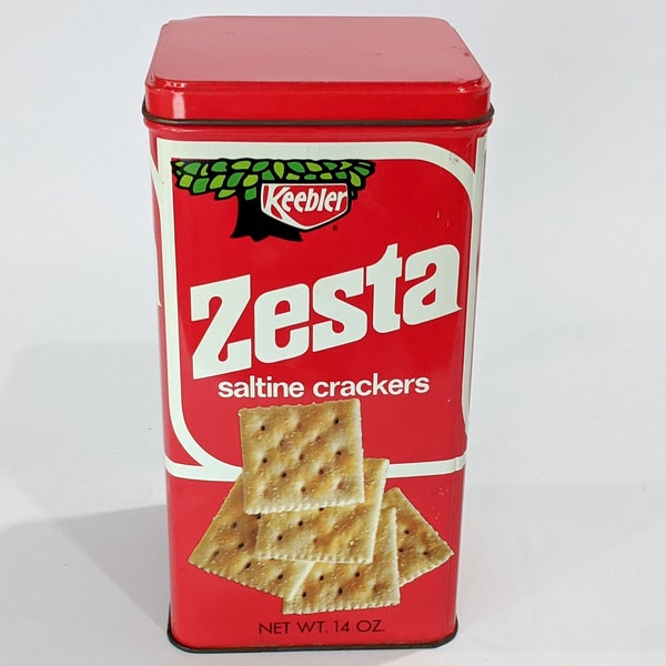Tin Keebler® Zesta Saltines Crackers ©1971 Vintage Red Metal Cracker Keeper Kitchen Storage Tin English Spanish Text