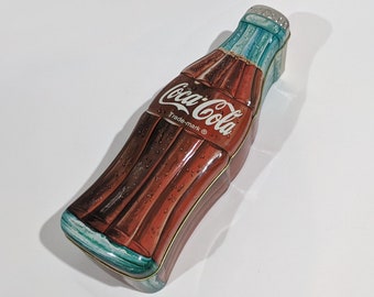 Tin: Coca-Cola® Coke Bottle Shape–Large Metal Canister Hinge Lid–Vintage ©1997