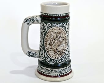 Stein: AVON®–Miniature Beer Mug–Hunting Fishing–Small 4-Ounce Ale Tankard–Vintage 1983 Collectible