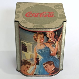 Tin Coca-Cola® Caddy Slant Top Collectible Coke Box Vintage Textured Silver Soda Pop Storage Canister Container Hinge Slant Lid ©2001