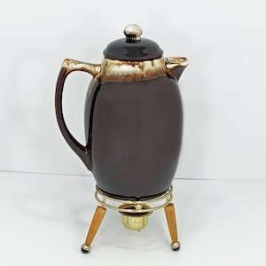 Pfaltzgraff Coffee Carafe: Brown Stoneware Drip Glaze–Candle-Lit Warming Stand