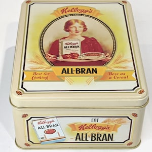 Tin Kellogg&#39;s® ALL-BRAN® Cereal ©1991 Vintage Kellogg&#39;s® Cereal Storage Keeper Canister Ivory Gold 75 Years Collectible Container Lid