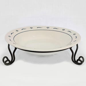 Bowl Ivory Blue ©Longaberger Pottery® 12&quot; Serve Bowl Metal Stand Salad Pasta Fruit Classic Blue &quot;Woven Traditions&quot; Basket Weave Flower Verge