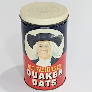 Tin Quaker Oats® Old Fashioned Quaker Oats ©1982 Red Blue Metal Kitchen Storage Country Farm Kitchen