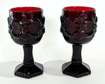 Glasses: AVON© Ruby Red–Wine 2 Oz Stemware–Pedestal Bases–"1876 Cape Cod"–Set 2