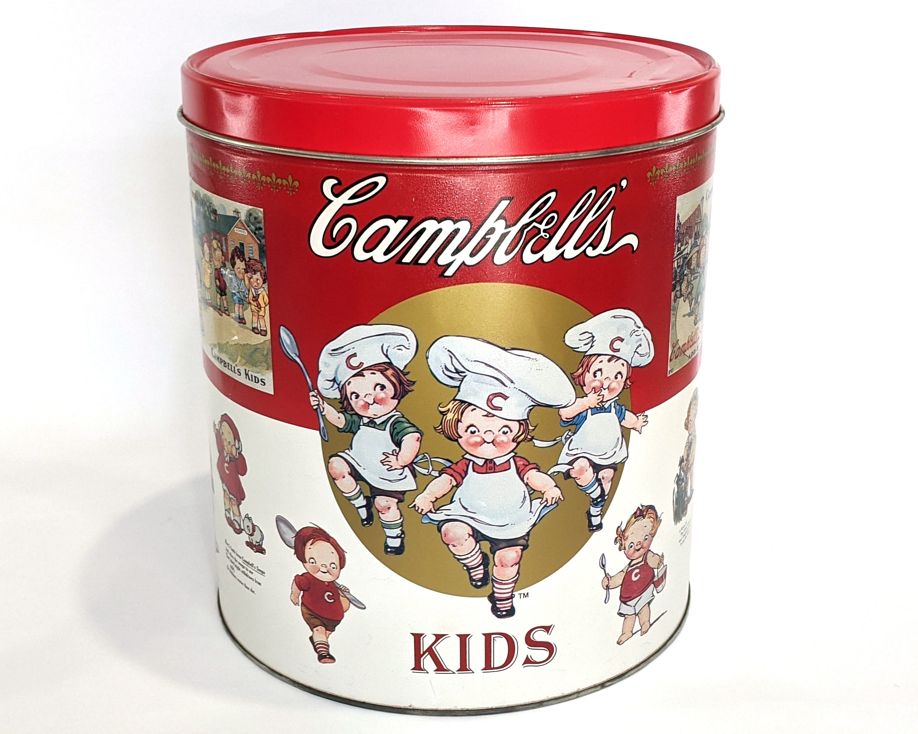 RESERVED Tin Campbell's Kids™ Tin 1990s Cambell's Soup Vintage Ad Images  Large Metal Kitchen Storage Container 