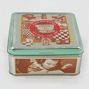 Tin CRAYOLA® CRAYONS &quot;Happy 50th Birthday&quot; 1958-2008 Collectible Tin Nostalgic 1950s Lifestyle Images Crayon Storage Tin Crayola Memorabilia