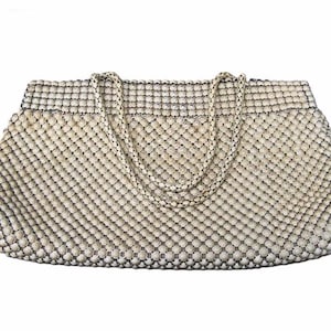 Purse Ivory Mesh Vintage Handbag Clutch Evening Bag Metal Mesh Ivory &quot;Whiting & Davis Co&quot;  Black Satin Lining Zipper Closure