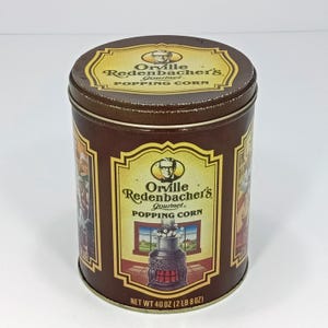Tin Orville Redenbacher&#39;s® Gourmet® Popping Corn Snack Tin Vintage Ad Images Round Yellow Gold Brown Popcorn Canister Kitchen Storage Tin