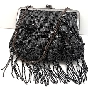 Purse Antique Beaded Handbag Vintage Black Beaded Evening Bag Bead Tassels Chain