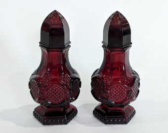 Salt Pepper Shakers: AVON©–Ruby Red Glass–Vintage "1876 Cape Cod"