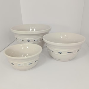 Bowls Ivory Blue ©Longaberger Mixing Bowls Set 3 Classic Blue &quot;Woven Traditions&quot; Basket Weave Blue Floral Verge Stoneware Nesting Bowls Set