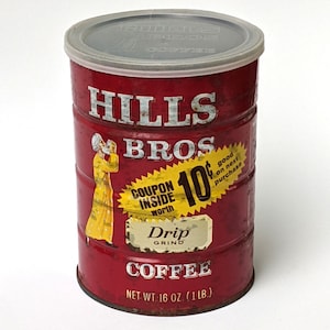 Tin ©Hills Bros Coffee Tin Can 16 Oz Kitchen Collectible Drip Grind Red Can Brand Rustic Vintage Tin