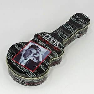 Tin Elvis® Guitar Tin Lid Black Silver Music Staff Elvis Presley &quot;King of Rock &#39;n Roll®&quot; ©1999 Souvenir Memorabilia Collectible Guitar Tin
