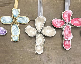 SMALL Oyster Shell Cross • Handmade Coastal Gifts • Wedding, Communion, Baptism Gifts • Custom Shell Cross from Long Island • Nautical Decor