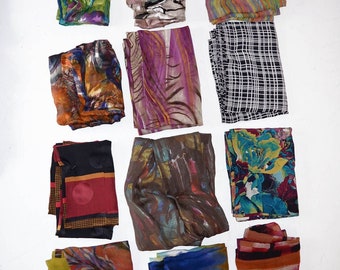 Lot of 13 Silk Scarves, 11 Hand-finished Circular 6 NEW, 1 Triangular, 1 Rectangular, ALL Perfect condition, Fashionable Patterns & Colors!
