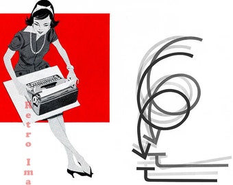 1960's Retro Girl Typing Typewriter Graphics Photograph, Red and Black, Royal, Olivetti, Underwood, Mid Century, Accent, Decor