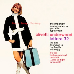 May include: A woman in a black and white dress and white boots holds a light blue suitcase. The text on the poster reads "olivetti underwood lettera 32" and "the important new advance in portable typewriters".