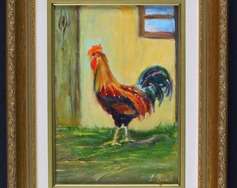 Vintage 1950s Rooster Portrait Oil on Canvas Painting, Signed and Framed