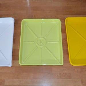 May include: Three rectangular plastic trays in white, light green, and yellow. Each tray has a raised edge and a cross-shaped design in the center. The trays are arranged side by side on a wooden surface.