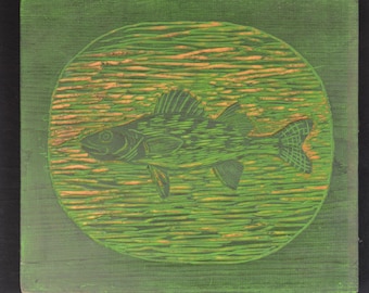 Vintage Hand Carved 11 x 13 Art Wood Block Fish Wall Art, Signed by Artist, Rustic Cabin Art Decor, Green Trout, Bass, Bungalow, Cottage