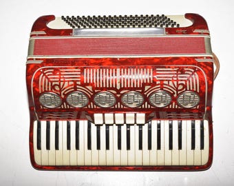 1950 Paolo Soprani Italia Red Accordion with Traditional 120 Bass and 21 Treble Keys Plays Perfectly, Gorgeous Condition with Original Case