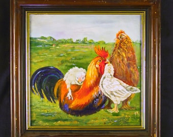 Vintage 1940s Signed Folk Art Oil on Canvas Painting Rooster, Chicken Poultry Family Scene, Framed 15 x 15, Farm, Barn, Rustic