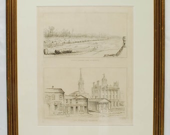 Antique 1845 Engraved Lithograph Plate "Village of Rochester", by  W.H. Lizars, 15 x 18 Framed, Etching, New York, Architecture