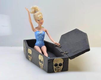 Hand-Made 12" Wood Coffin Box Carved with Skeleton and Skulls for Candy, Jewelry, Stash, Barbie Parts...
