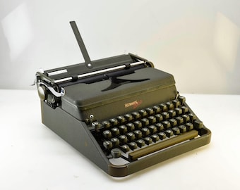 1952 Hermes 2000 Portable Typewriter in Rare Dark 'Army' Green Color, Professionally Serviced and Verified, New Ribbon & Metal Spools, Case