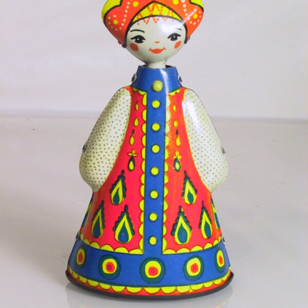 Vintage Painted Toy Tin Litho Wind-Up Russian Girl Traditional Dance Costume