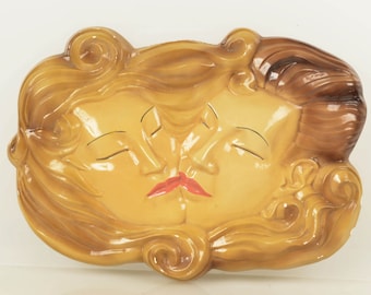 Vintage 1950 Asian Couple Kissing 7x11 Wall Scuplture 'Kismet', Love, Art, Buffalo NY, Titled & Signed, Asian, Korean, Chinese, Japanese