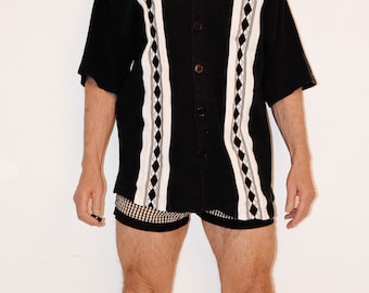Vintage Men Large/Medium Sierra Pacific Beach, Pool, Sweater Shirt, BW, Retro Black and White, Solid with Geometric Panels, Charlie Sheen