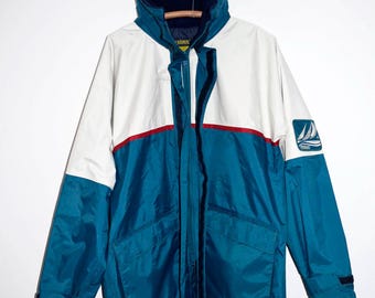 Vintage 1990 Pro Rainer  Marine-Grade Waterproof Hooded Sailing Jacket Large/XL Heavy-Duty Construction, Zippered with Velcro Overlap, MINT!