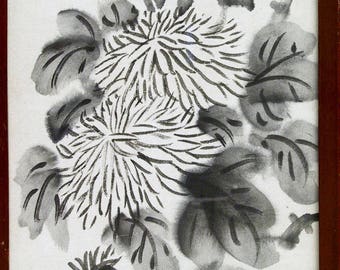 ヴィンテージ中国水墨画花、紙に描かれたオリジナル額入りアートワーク